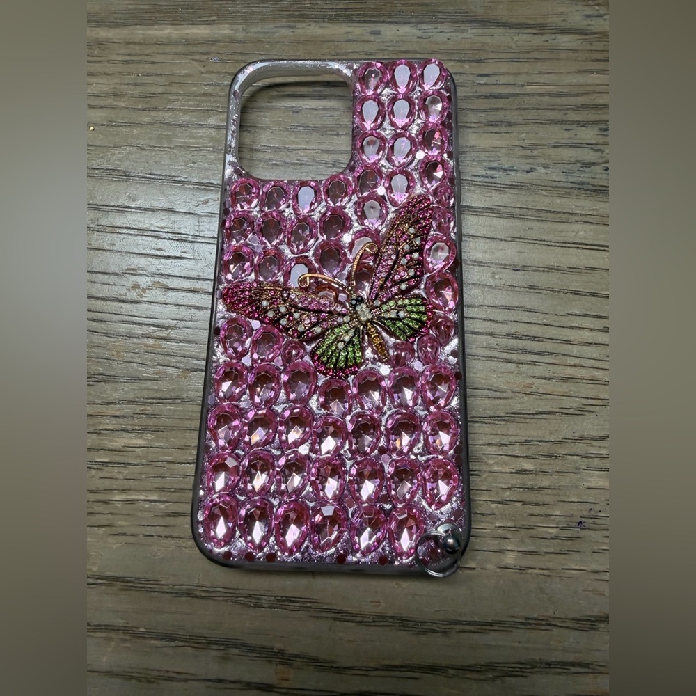 IPhone 14 Pro Más Pink Butterfly Crystal Case